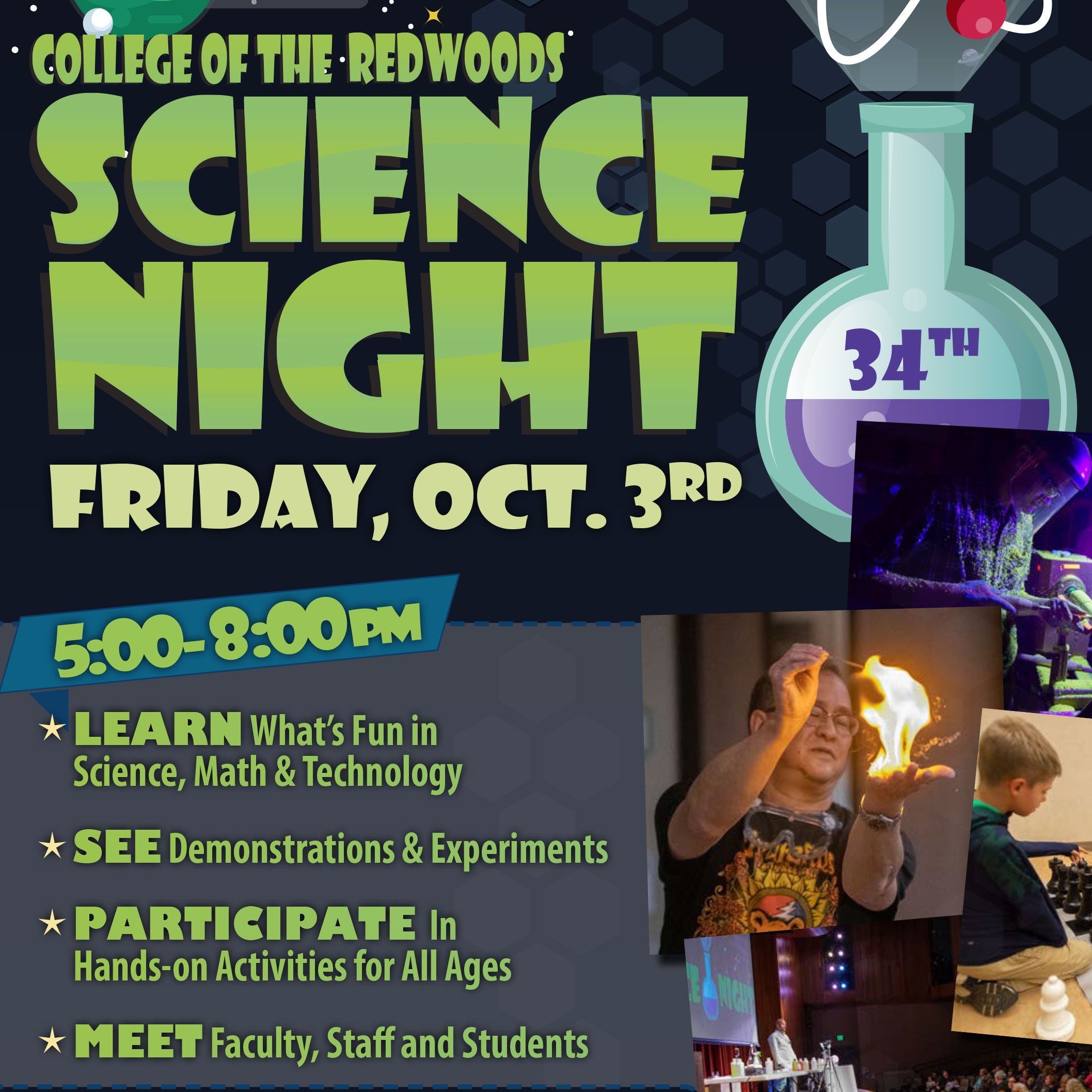 beaker and flask with green and purple lettering