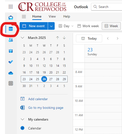 Access your Outlook calendar by clicking the blu calendar icon in the far left menu of your CR Outlook email.