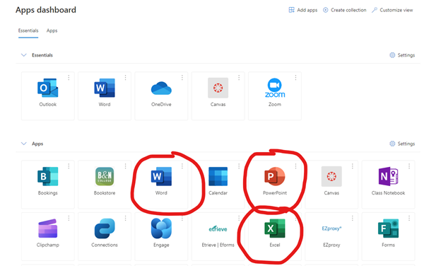 Image depicts the MyApps Homepage, with the icons for MS Word, MS PowerPoint, and MS Excel circled